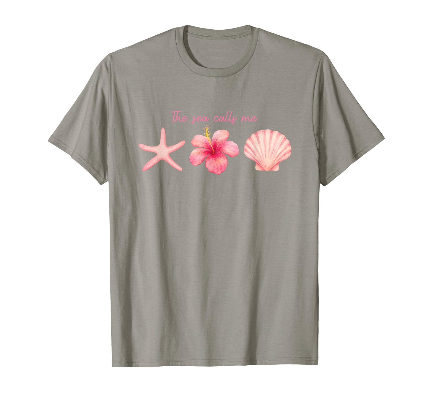 The Sea Calls Me Shirt Pink Hibiscus Starfish Seashell Art T-Shirt