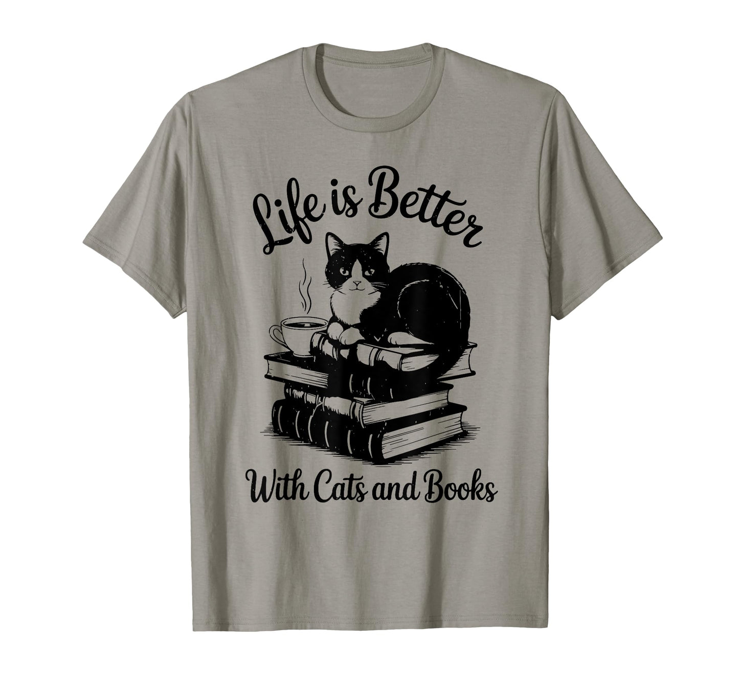 Life is Better with Cats & Books Funny Tuxedo Cat Mom Women T-Shirt
