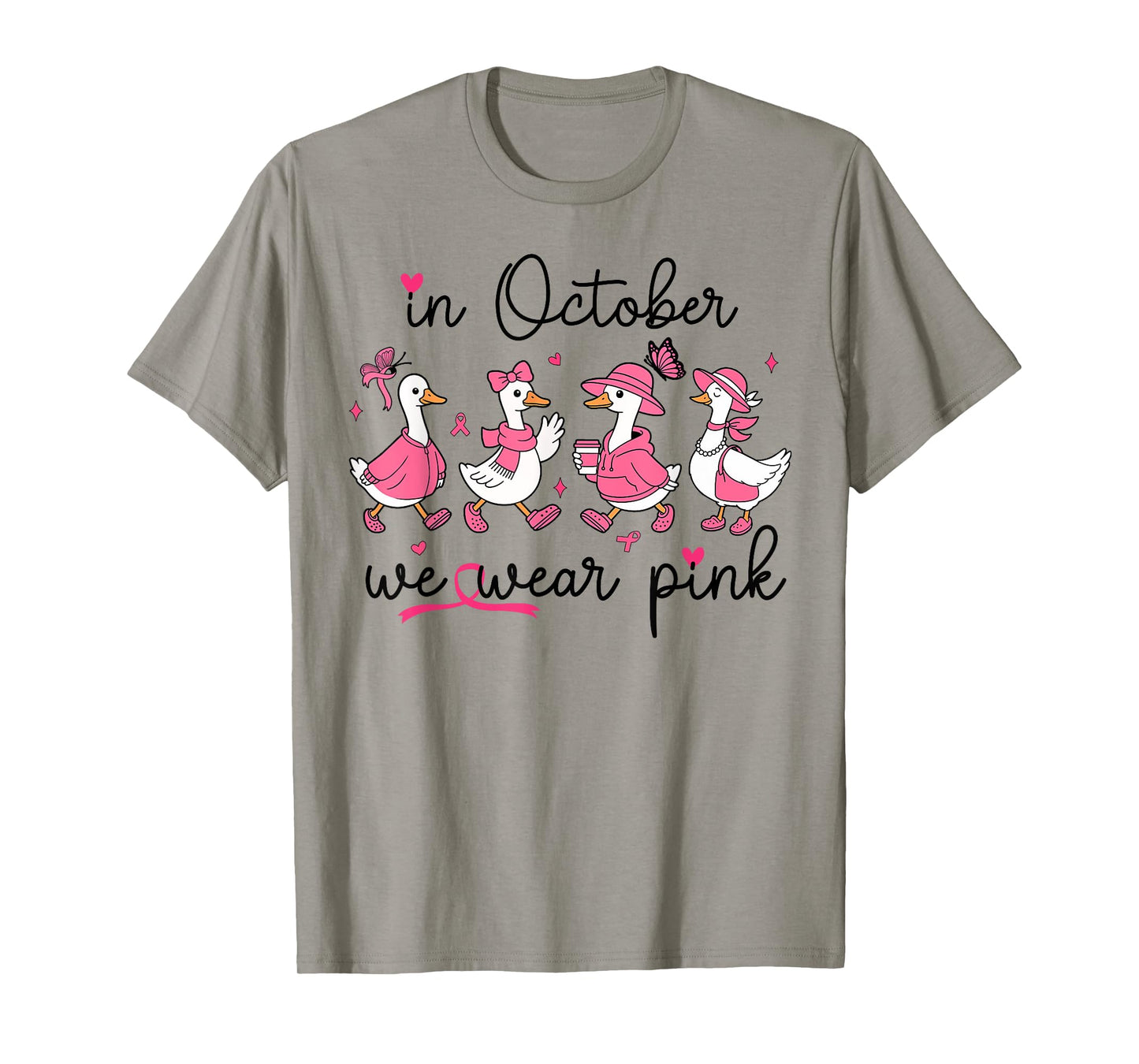 in October We Wear Pink Breast Cancer Awareness Goose Bow T-Shirt