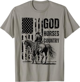 God Horses Country Christian Cowboy & American Patriot T-Shirt - Unisex-Adults, Grey, Small, Short Sleeve