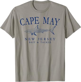 Cape May New Jersey Shark Fishing Arched Navy Blue Letters T-Shirt