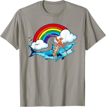 Shark Lover Rodeo Cowboy Riding Great White Rainbow Funny T-Shirt