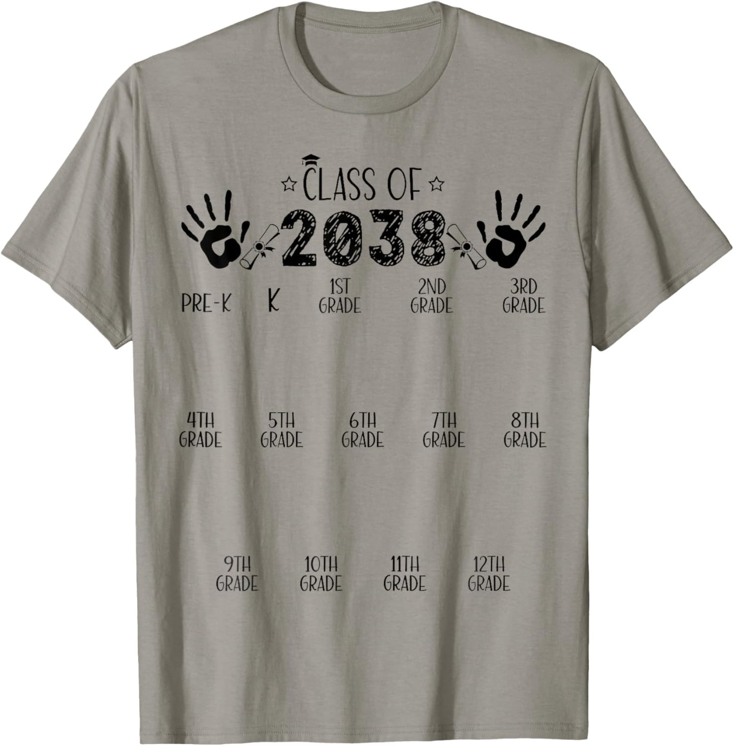 Funny Class Of 2038 Grow With Me Handprint Pre-K 12th Grade Tee by TeeBrew