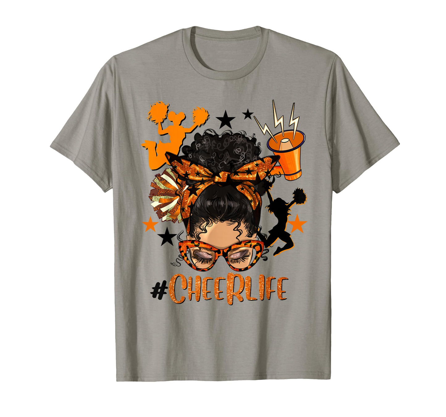 Cheer Life Messy Bun Brunette Orange Black Cheerleading Team T-Shirt
