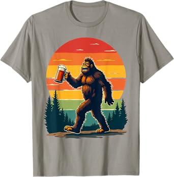 Retro Camping Hiking Bigfoot Sasquatch Drinking Beer T-Shirt