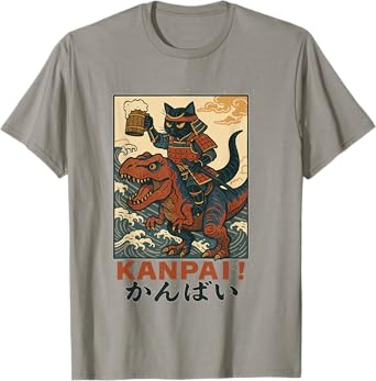 Samurai Cat Riding Dinosaur with Beer Kanpai Design T-Shirt