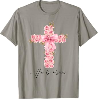 He Is Risen Coquette Bow Floral Cross Faith Easter Christian T-Shirt