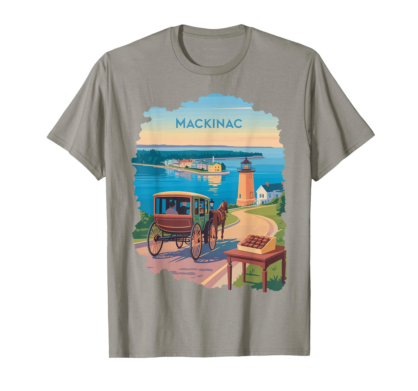 Mackinac Island carriage bridge lakeview vintage ferry scene T-Shirt