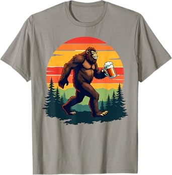 Retro Camping Hiking Bigfoot Sasquatch Drinking Beer T-Shirt