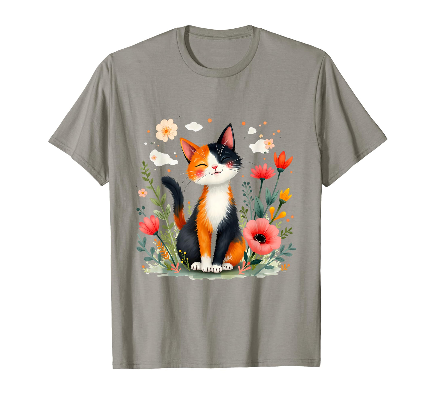 Smiling Calico Cat Cute Floral Kitten Cartoon Kitty Outdoors T-Shirt