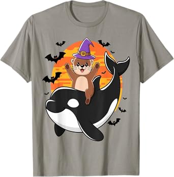 Spooky Sea Adventure Witchy Otter Riding Orca Halloween Kids T-Shirt