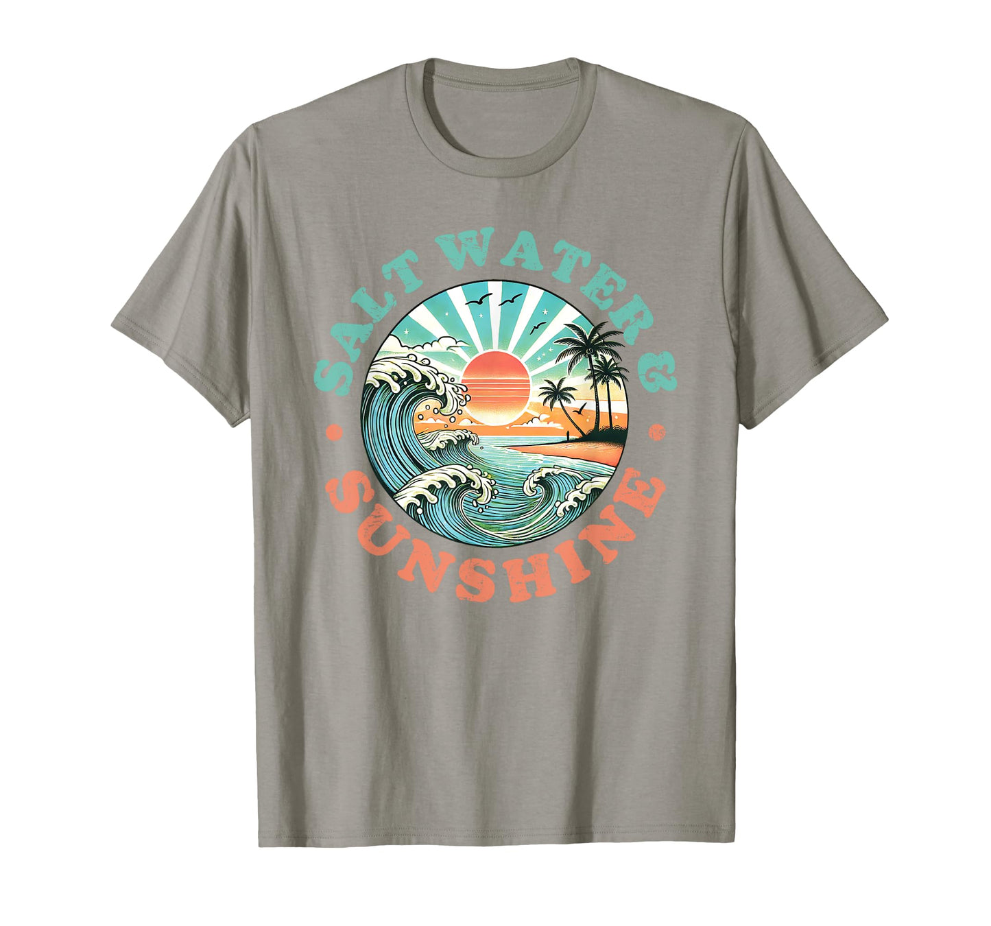 Salt Water and Sunshine Retro Beach Wave Sunset Palm Tree T-Shirt