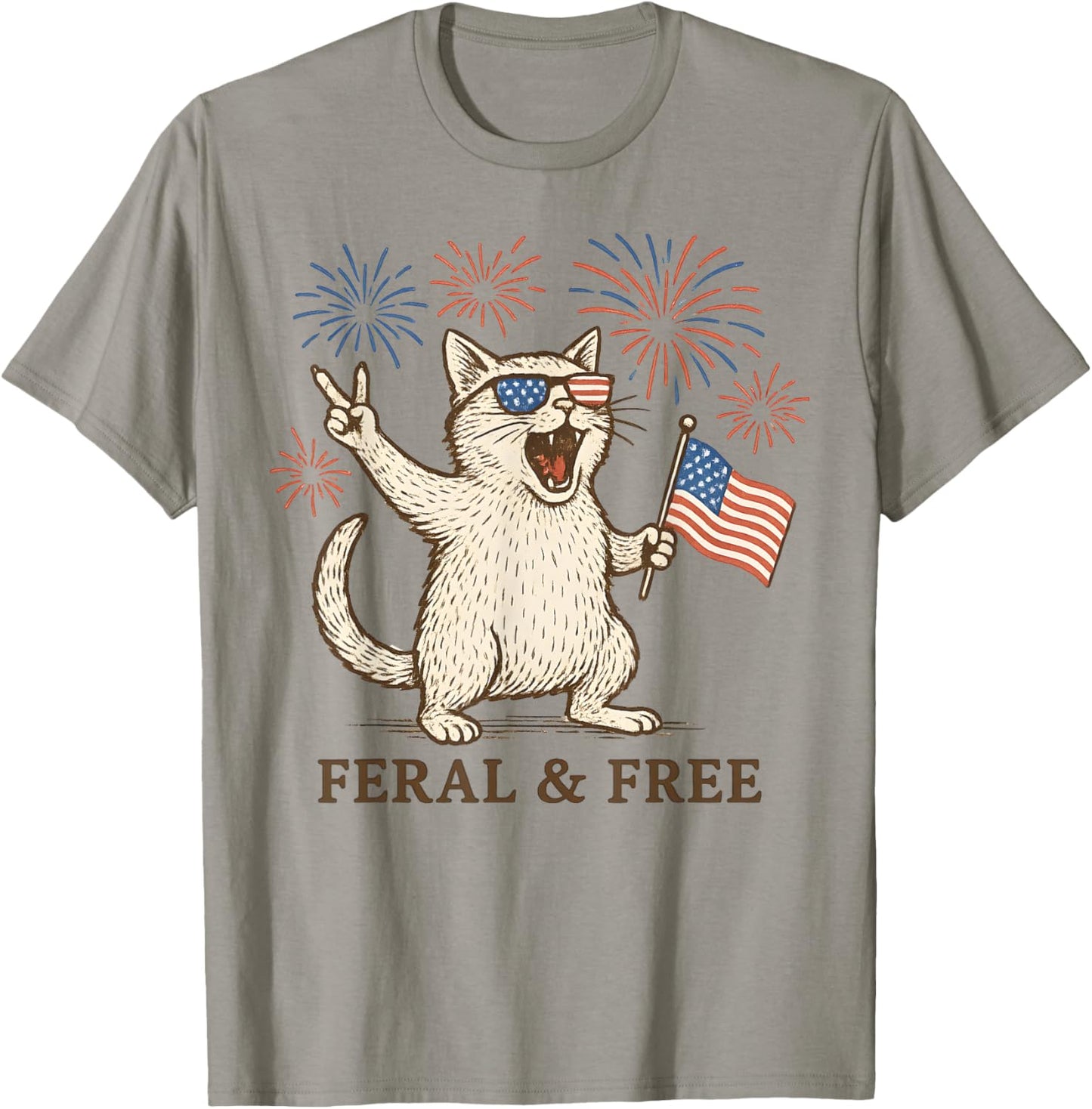 Feral And Free Cat 4th Of July Funny American Flag Women Kid T-shirt