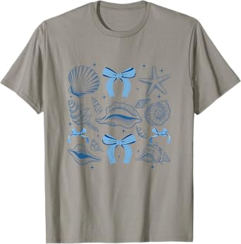 Blue Coquette Bow Seashell Retro Beach Summer Vibes Girls T-Shirt