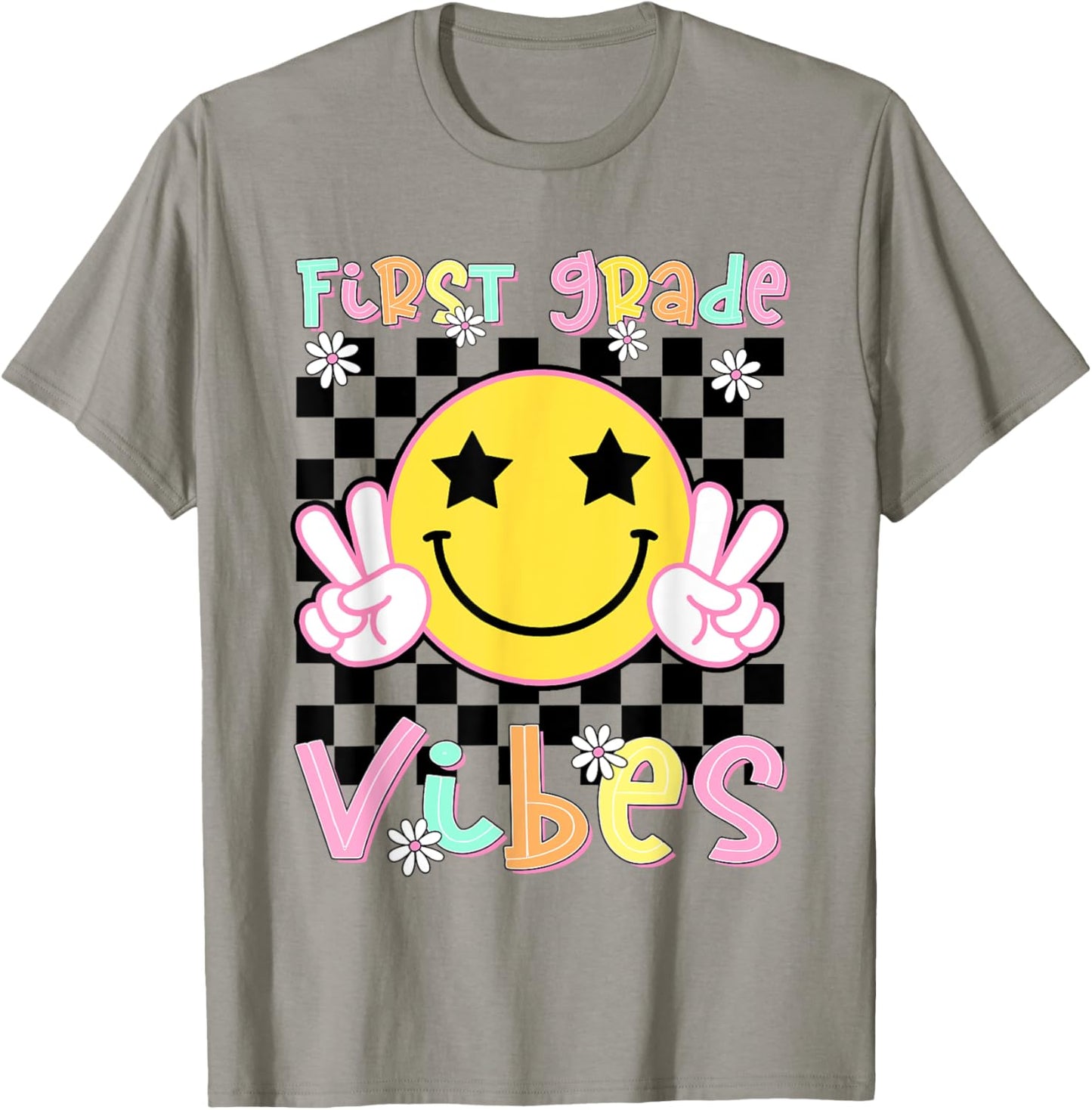 First Grade Vibes Groovy Smile Face Back To School Girl Kid Tee | TeeBrew