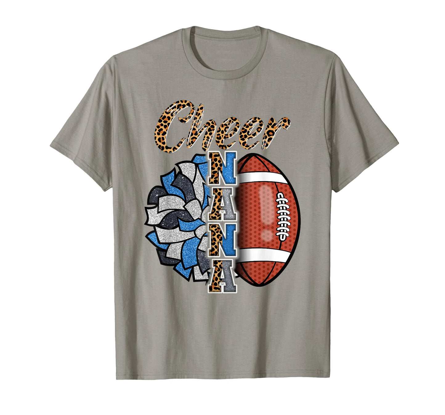 Football Cheer Nana Grandma Blue White Pom Pom Leopard T-Shirt