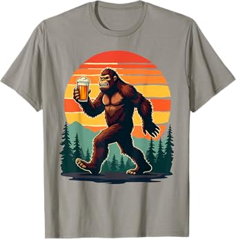 Retro Camping Hiking Bigfoot Sasquatch Drinking Beer T-Shirt