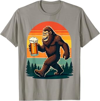 Retro Camping Hiking Bigfoot Sasquatch Drinking Beer T-Shirt