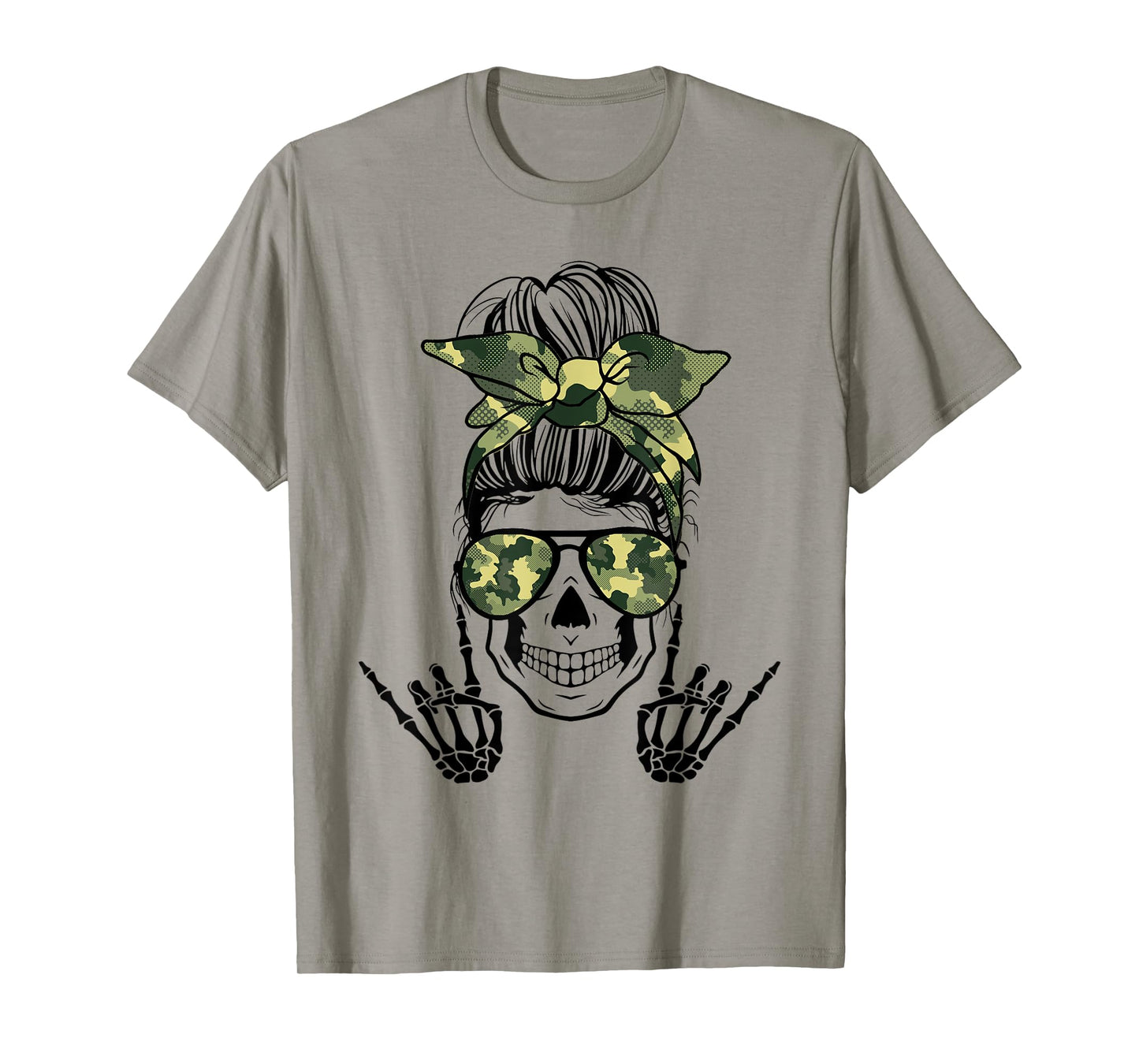Horror Life Camo Messy Bun Skeleton Haloween Rock N Roll T-Shirt