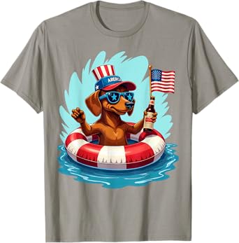 Summer Vacation Beach US Flag Dachshund Drinking Beer T-Shirt