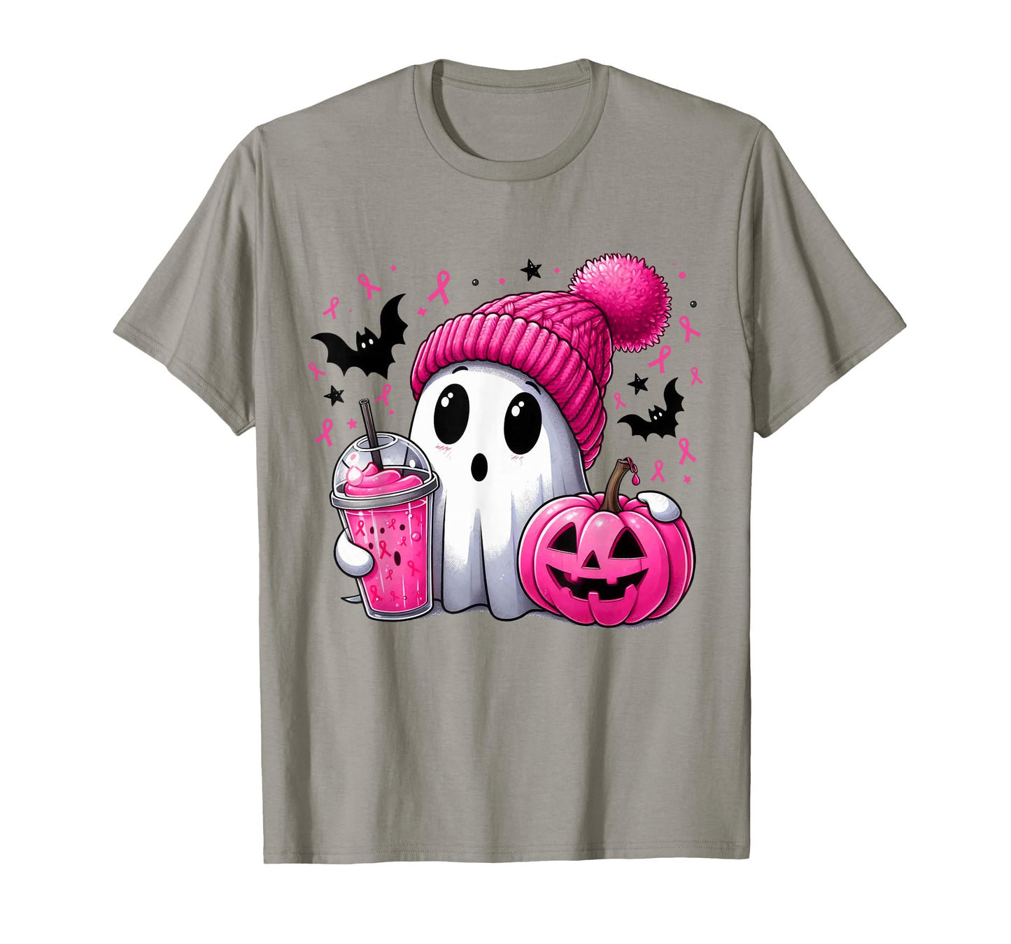 in October We Wear Pink Spooky Ghost Halloween Breast Cancer T-Shirt