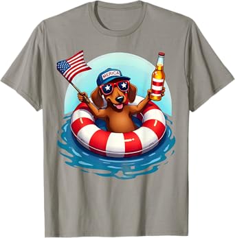 Summer Vacation Beach US Flag Dachshund Drinking Beer T-Shirt