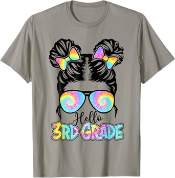 Hello 3rd Grade Messy Bun Girls Tie Dye Cute Back To School T-Shirt