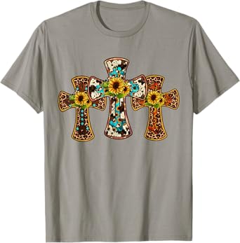 Western Cross Christian God Jesus Sunflower Cowhide T-Shirt