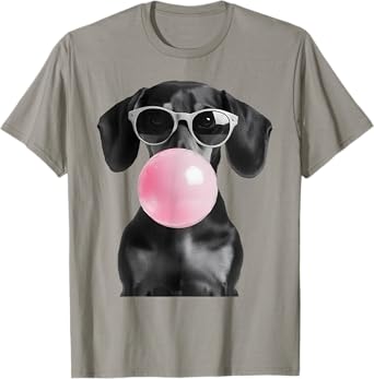 Cute Black Dachshund Dog With Heart Glasses Bubble Gum Men Women T-Shirt