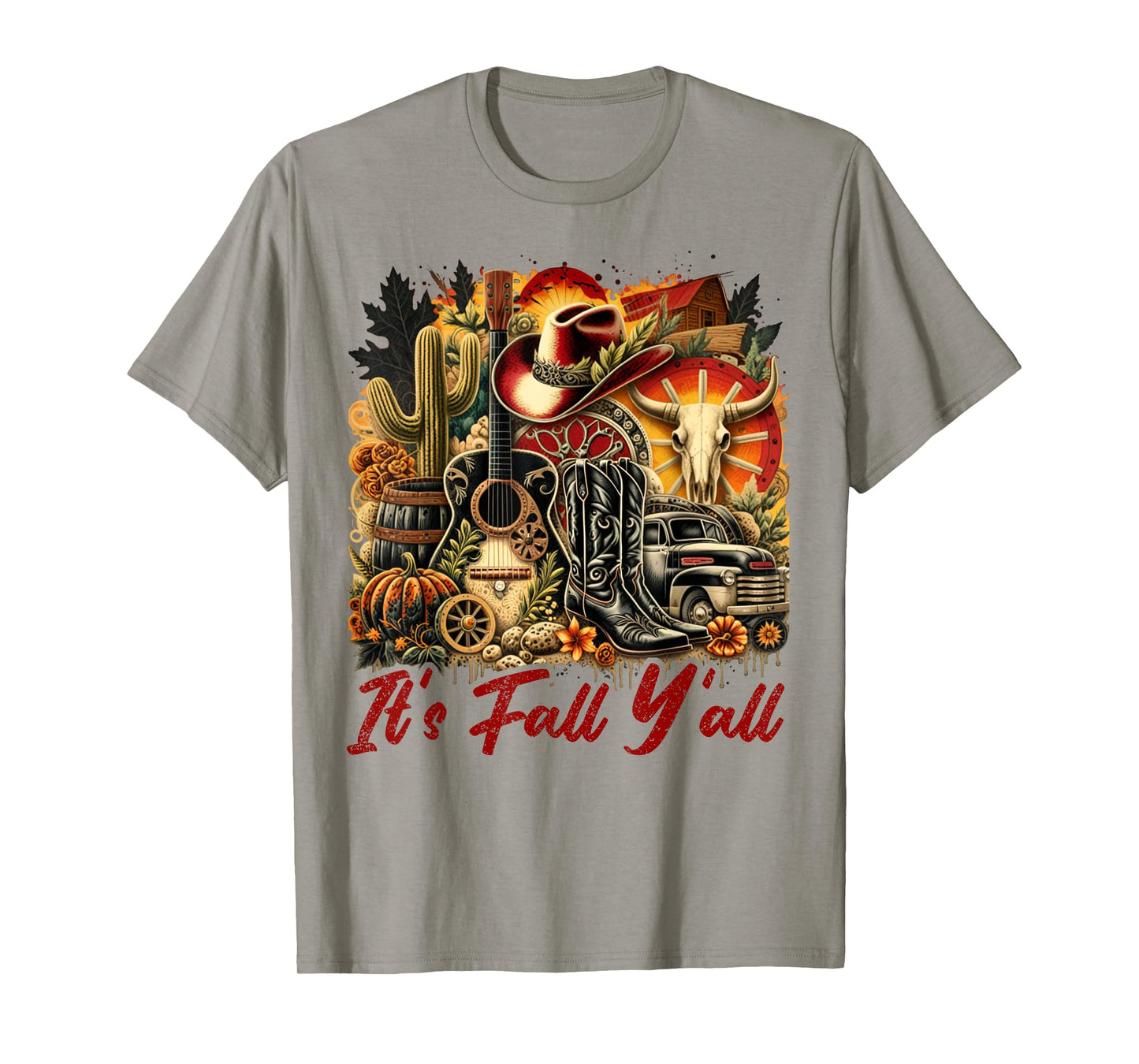 Its Fall Yall Cowgirl Boots Guitar Pumpkin Autumn Harvest T-Shirt