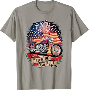 Red Ride & Blue Motorcycle Patriotic USA Biker American Flag T-Shirt