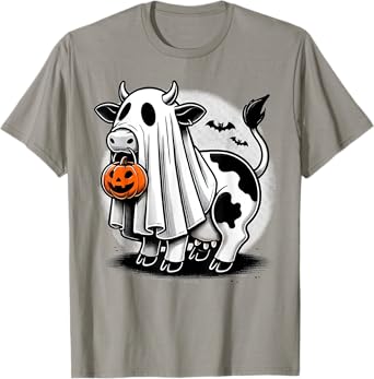 Awesome Moo Halloween Cow Wearing Ghost Costume With Pumpkin T-Shirt