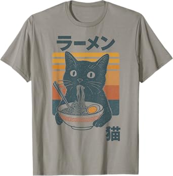 Retro Cat Eating Ramen Noodles Anime Girls Boys Men Women T-Shirt