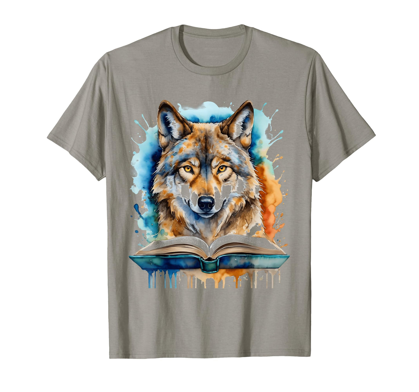 Wolf Reading Book Colorful Animal Art Print Graphic T-Shirt