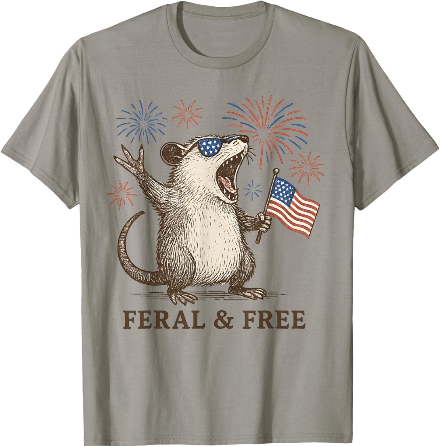 Feral And Free Possum 4th Of July Funny American Flag Womens T-shirt
