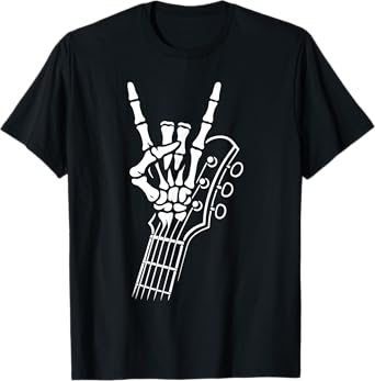 Rock On Skeleton Guitar Hand Sign Rock And Roll Band Tee T-Shirt