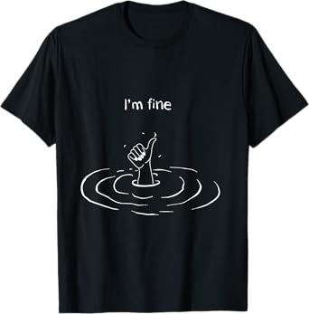 Vintage Retro Funny I'm Fine Hand Sign Funny Art Submerged Under Water T-Shirt, Small, Black