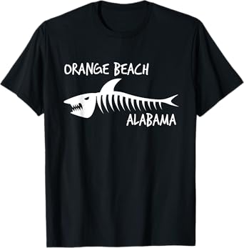 Orange Beach Alabama Shark Skeleton White Print T-Shirt for Men Women Kids