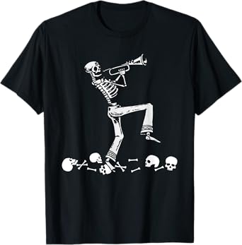 Skeleton Playing Trumpet Instruments Musician Halloween T-Shirt