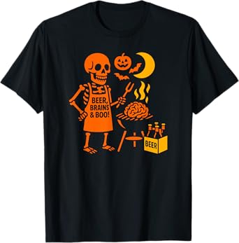 Halloween Skeleton Barbecue Beer Brains Boo Spooky Party T-Shirt