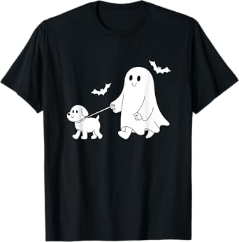 Funny Halloween Ghost Walking Dog Cute Ghost and Dog Lover T-Shirt