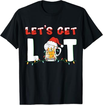 Let's Get Lit Drinking Beer Santa Hat Christmas Lights T-Shirt