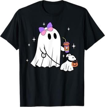 Halloween Cute Ghost Walking Dog Spooky Coquette Ghost Women T-Shirt