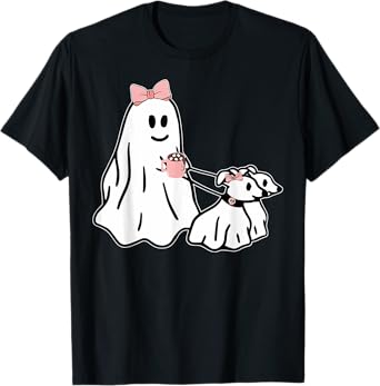Funny Ghost Walking Dog Spooky Season Halloween Coquette T-Shirt