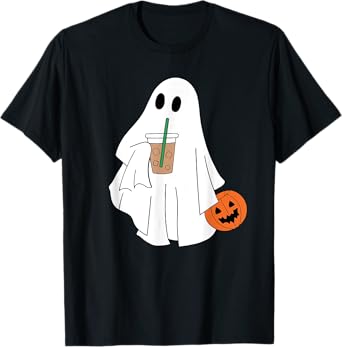Cute Ghost Drinking Coffee Halloween Ghost Ice Coffee Womens T-Shirt
