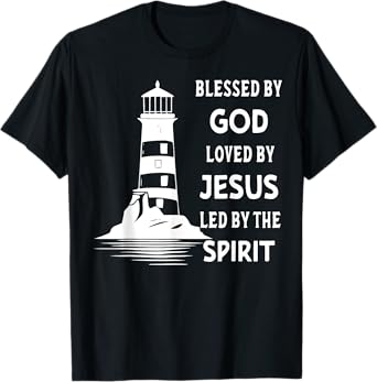 Jesus Shirts Apparel And Accessories - Blessed By God, Loved By Jesus, Led By The Holy Spirit - Christian Lighthouse T-Shirt - Unisex-Adults, Unisex-Kids - Black - Short Sleeve - Small - Classic Fit