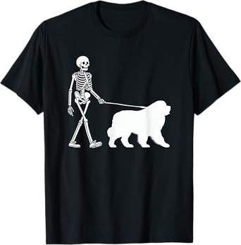 Skeleton Walking a Newfoundland Dog Halloween Outfit Men Women Kids T-Shirt