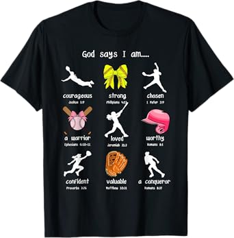 Bows God Say I Am Christian Softball Girls Bible Verse Jesus T-Shirt