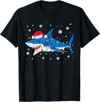 Shark Santa Hat Christmas Lights Xmas Pajama Men Women Kids T-Shirt