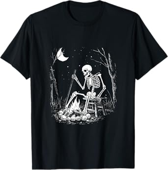 Camping Skeleton Bones Halloween Forest Campfire Graphic T-Shirt